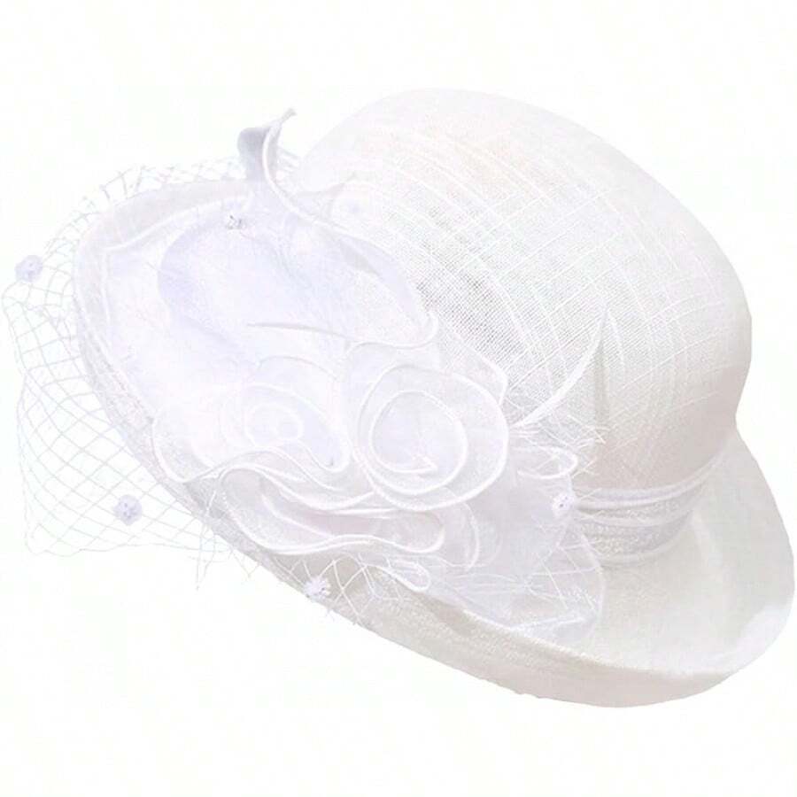 Sombrero de iglesia con flor para mujer con fascinador, sombreros para boda, fiesta del té, sombrero bombín, sombrero de cubo - Blanco - Ver 1