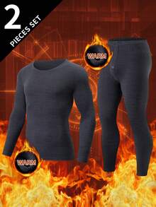 2pcs Men's Thermal Underwear Set, Long Sleeve T-Shirt + Pants, Warm Casual Base Layer For Autumn/Winter