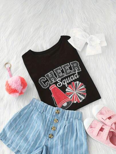 Cheer Squad Funny Cheerleader Cheerleading Red Women Girl T-Shirt Summer Cute Kawaii Tops Crewneck Girls Boys Short Sleeve T Shirts Kids Child Children Teenage Shirts Clothes Tee 3-13 Years