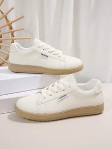 1 Pair Breathable Lace-Up Casual Sneakers, White Shoes For Girl, Spring/Summer/Autumn, 2025 New Fashion Unisex Sports Trainers, Suitable For Casual Wear - Beige - View 6