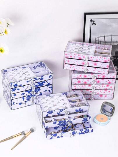 1件全新亚克力首饰盒，5/3层抽屉式首饰收纳盒，首饰收纳展示盒，首饰收纳容器，首饰收纳配件，天鹅绒可拆卸托盘，复古青花瓷和樱花色，适用于存放耳环、手链、手镯、项链和戒指。节日礼物，女士礼物。