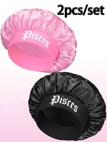 2件装缎面十二生肖印花睡帽，缎面丝绸睡帽，适合女孩睡眠，丝绸睡帽，带松紧带的卷发睡帽。（印花图案随机。）头发睡眠帽 睡眠帽 - (黑+粉)-星座-2pcs - 查看 21
