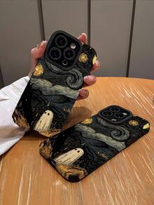 1 pieza Funda de teléfono de alta gama a prueba de caídas y huellas dactilares, con diseño de rayas verticales y estilo fantasma negro vintage de Van Gogh, compatible con Apple y otros modelos