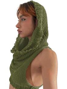 Women Knitted Hoodie Sweater Vest Sleeveless Hollow Out Hooded Crop Top Streetwear Rave Oufit - 墨綠色 - 查看 3