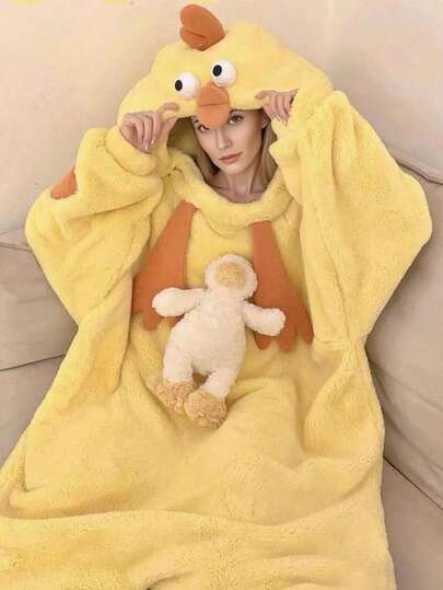 1 pieza Camisón de felpa de estilo pollito amarillo - Pijama de lana de manga larga con cinturón, adecuado para uso casual familiar. Franela, lana, terciopelo, felpa, suave y cálido albornoz, adecuado para niñas jóvenes y estudiantes, son regalos cómodos para parejas/mejores amigos en cumpleaños y fiestas