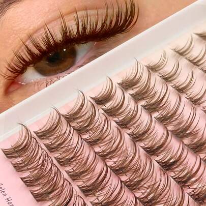 Rikuaild 96片棕色假睫毛，D卷翘蓬松交叉细尖型单根假睫毛，自然柔和混合款，日常DIY妆容，假睫毛簇，单根假睫毛