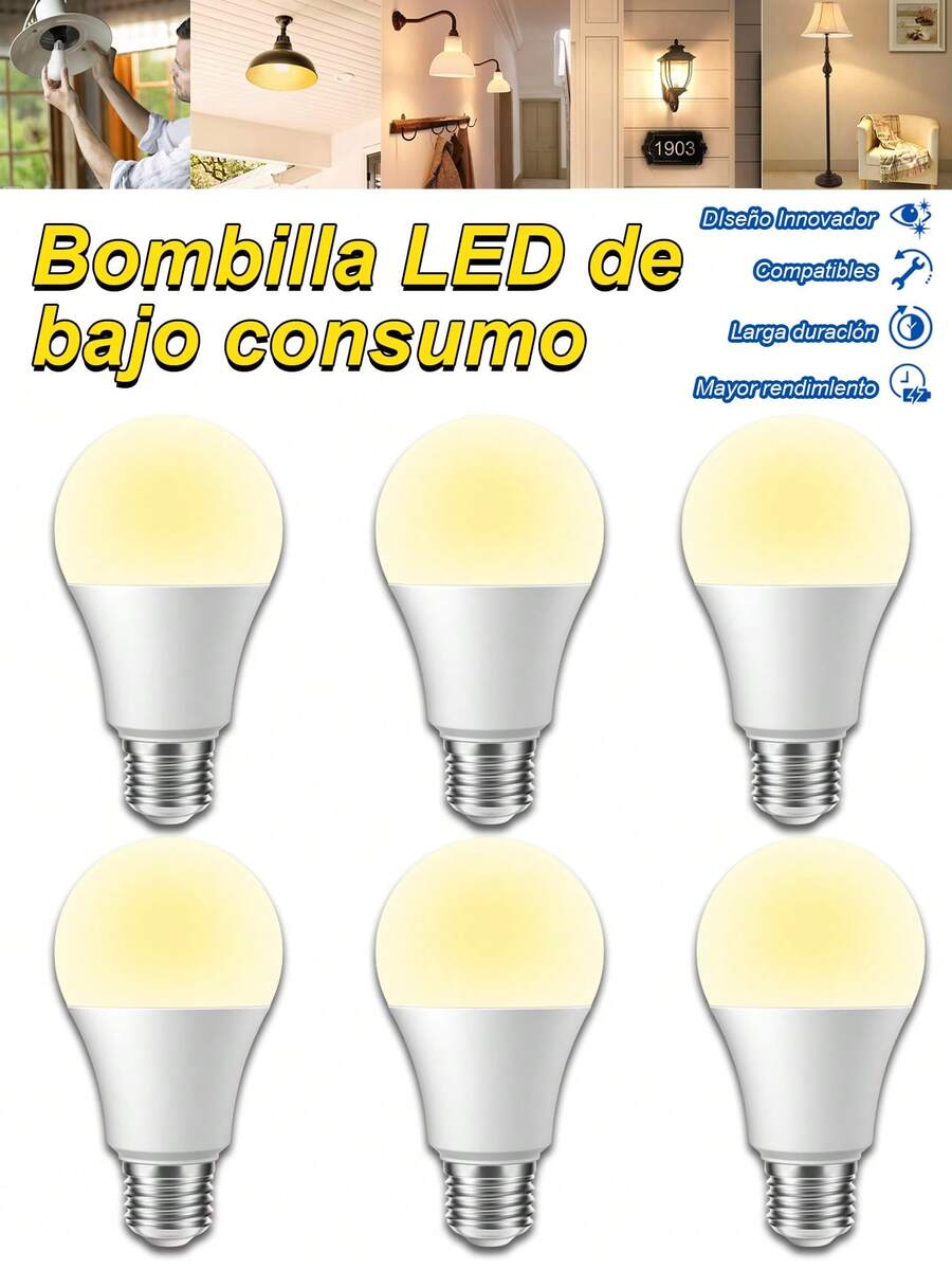 Bombillas LED equivalentes, luz diurna blanca 6500 K,base estándar E27, no regulable, 3W/5W/7W/9W/12W/15W/18W/21w blanco brillante bombillas LED para recámara, sala de estar, hogar, paquete de 6 - 6 piezas - Ver 1
