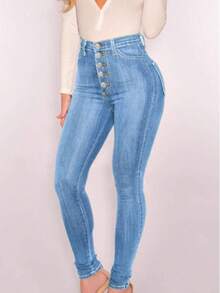 Quần jean skinny nữ dáng ôm, cài cúc phía trước, kiểu dáng thường ngày. - Rửa nhẹ - Xem 4