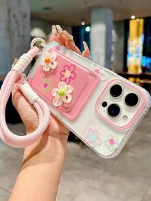 Ốp lưng điện thoại có dây đeo thẻ hình hoa 3D nhiều màu sắc tương thích với iPhone 16 Pro Max/15 Pro Max, New 11, 12, Creative 14 Pro/13, Ốp lưng bảo vệ mềm, Bao gồm tất cả, Nữ, Mùa hè - Hồng - Xem 3