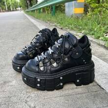 Gothic Punk Style Women And Men Platform Sneakers Black Vintage Metal Decorations Lace-Up Rock Ankle Boots Shoes - 黑色 - 查看 4