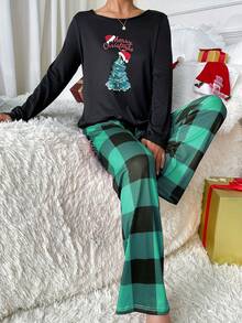 2pcs Christmas Letter & Christmas Tree Print Long Sleeve Top + Plaid Print Pants Pajama Set, Winter Clothes - Multicolor - View 3
