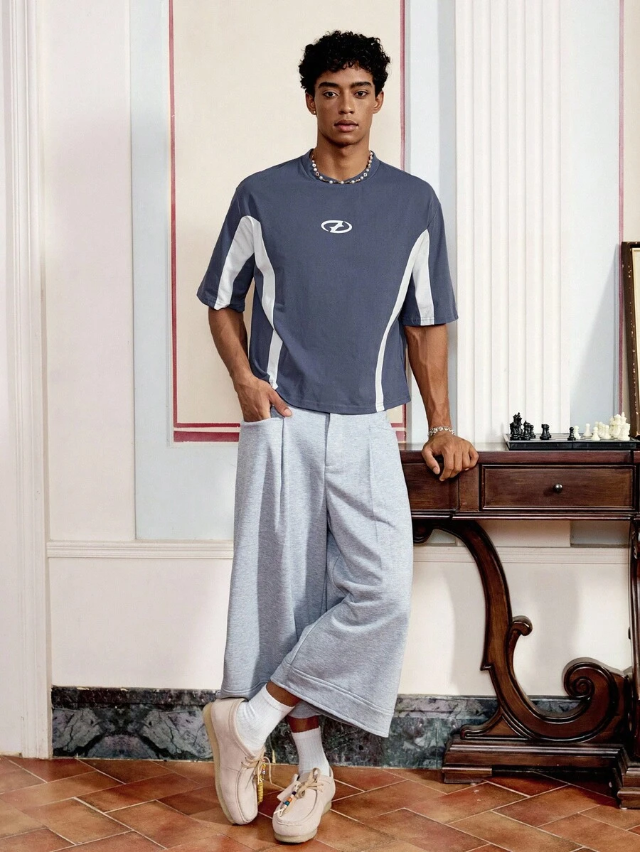 Áo thun nam tay ngắn dệt kim chắp vá thường ngày, phong cách đường phố, mặc hàng ngày - Màu xanh bụi bặm - Xem 1