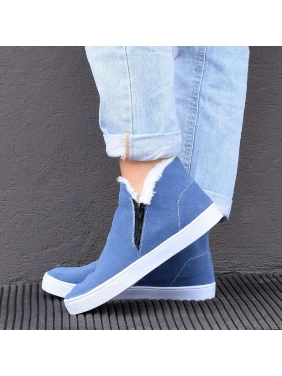 Boots With Plush Fur Zipper Comfortable Sneakers Easy To Put On Booties Winter - 藍色 - 查看 1