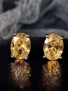 1 Pair Minimalist Creative European & American Sparkling 4-Prong Single Diamond Stud Earrings, Fashionable Small Oval Cubic Zirconia Women's Earrings, Suitable For Daily And Holiday Wear