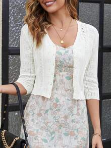Women's Bolero Shrug 3/4 Sleeve Cropped Cardigan Knit Sweaters Open Front Spring And Summer Casual Elegant Jacket For Dresses - trắng - Xem 6