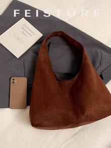 1 件 FEISTURE 绒面革面料大号日常通勤单肩包，时尚宽敞的手提包，带磁扣，适合日常外出、约会、通勤 - 咖啡 - 查看 9