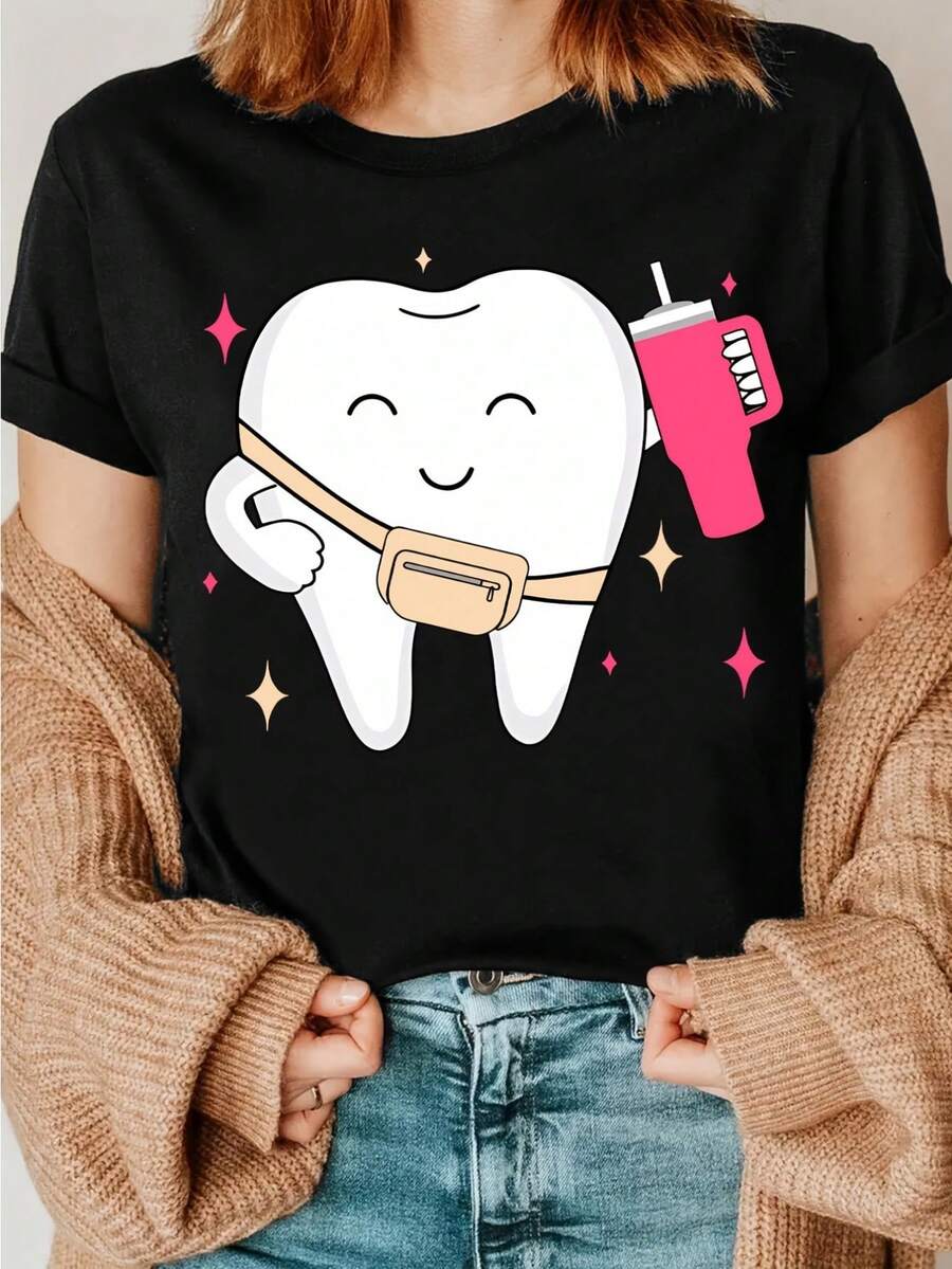 Lustiges T-Shirt mit Zahnarzt-Print für Damen – Lässiger Rundhalsausschnitt, weiche Baumwolle, maschinenwaschbar – Perfekt für den Sommer - Svart - Visa 1