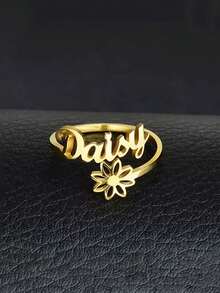 定制雏菊名字戒指 - 个性化草书字母珠宝，带花卉装饰，18K 镀金 201 不锈钢可调节开口戒指 - 婚礼、生日、周年纪念、复活节礼物 - 优雅的花卉名字项链 - 款式9 - 查看 4