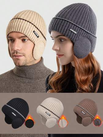 1pc Winter Fleece Line Beanie Knit Hats With Ear Flaps For Men Women,Warm Thermal Stocking Caps For Outdoor Cold Weather