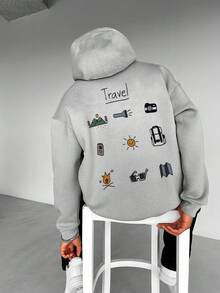 男士户外探险元素印花抽绳连帽卫衣，返校季，秋冬季，长袖上衣 - 灰色 - 查看 4