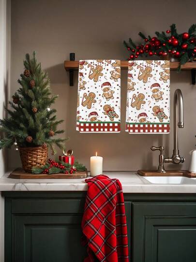 2 件水彩蓝色小矮人雪花铃铛小矮人圣诞树姜饼人圣诞老人麋鹿雪人图案厨房毛巾农舍农场装饰手巾茶巾厨房干燥洗碗布节日派对用品乔迁礼物浴室手巾适用于厨房餐厅餐桌