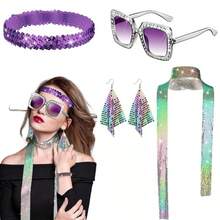 6 件女士 70 年代迪斯科服装配饰套装 - 包括 70 年代迪斯科黑色卷发合成发、镶钻时尚眼镜、闪光围巾、闪光头带、流苏耳环和戒指 - 非常适合复古派对、狂欢节、复活节和主题活动、迪斯科服装配饰万圣节
