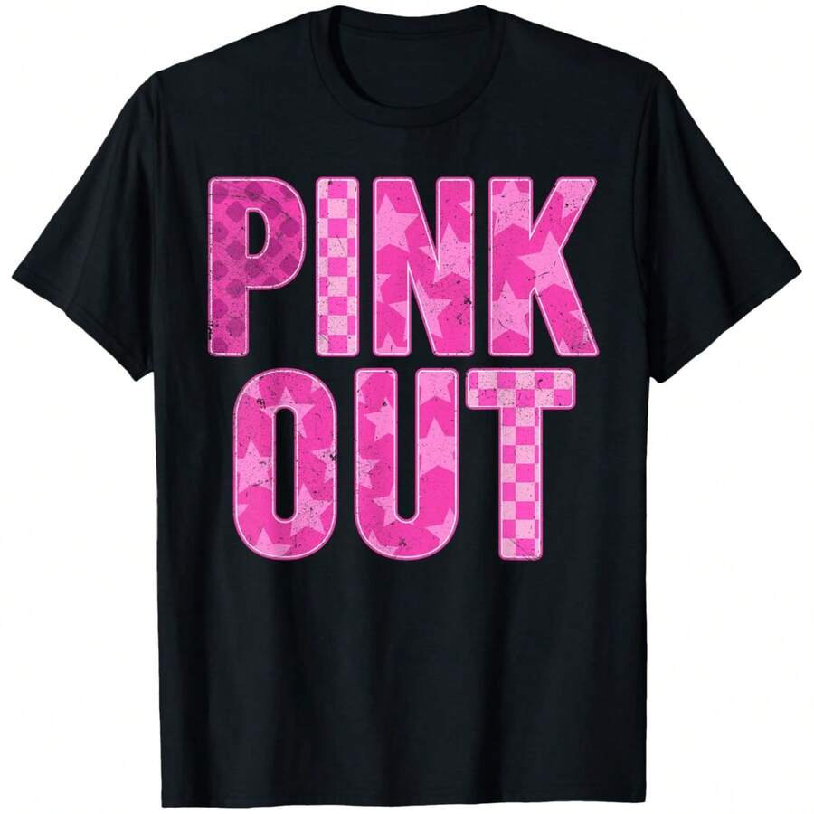 Retro Checkered Pink Out Football Breast Cancer Awareness T-Shirt,Short Sleeve, Soft, Regular Fit, Perfect For Summer Outings & Commuting, Great Gift Idea, Casual Wear | Playful Design | Soft Fabric.Size S-5XL. - Schwarz - Übersicht 1