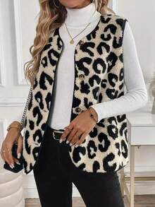 Leopard Print Contrast Color All-Over Print Button Decor Contrast Trim Sleeveless Women Coats