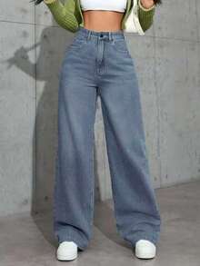 Pantalones Larga Duración y Suelta Mezclilla Anchas Jeans Piernas Anchas Talla Grande para Mujer Azul Claro Cintura Alta Elásticos - Gris - Ver 1