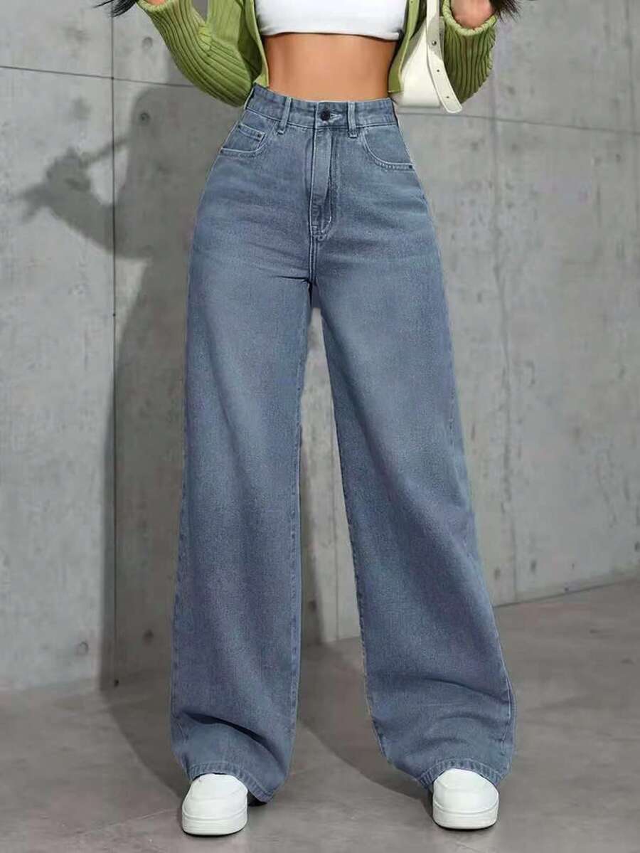 Pantalones Larga Duración y Suelta Mezclilla Anchas Jeans Piernas Anchas Talla Grande para Mujer Azul Claro Cintura Alta Elásticos - Gris - Ver 1