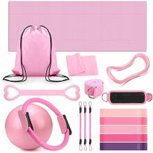 Set Of 18 Pilates Ring Essential Kit Women Pilates Ring And Ball Ankle Resistance Band Yoga Strap Socks Arm Stretcher Latex Tube Gym Back Bag Exercise Equipment Workout - Pink - View 8