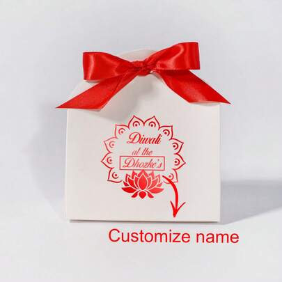 10/50PCS Personalized Diwali Favor Gift Boxes With Lotus Mandala Print And Ribbon Bow, Customizable Name Text, Elegant Party Candy Boxes For Festival Celebration, Wedding Return Gifts, Holiday Treat Packaging In Gold And Red Colors