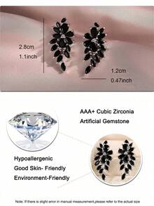 1 对奢华羽毛形黑色耳钉，适合女士，适合返校季，方晶锆石，礼物，日常佩戴，铜饰品