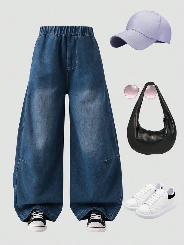 Girls' Fashionable Washed Dark Blue Retro Denim Jeans, Versatile Wide Leg Jeans For Teens, Spring/Summer/Autumn New Arrival