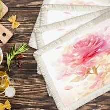 1 pieza Mantel individual con estampado floral de lino con flecos, mantel de mesa de comedor lavable, decoración del hogar, vajilla, cocina, decoración de fiesta interior/exterior, regalo ideal - Multicolor - Ver 18