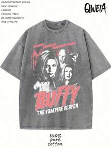 230g Vintage Washed Pure Cotton Men's T - Shirt, Featuring A Casual And Stylish Design With "Buffy The Vampire Slayer" Character Print. Ideal For Outdoor Sports, This T - Shirt Offers A Loose Fit And Is Made From Soft Knitted Fabric. - 灰色 - 查看 1