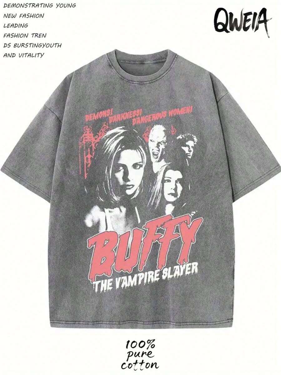230g Vintage Washed Pure Cotton Men's T - Shirt, Featuring A Casual And Stylish Design With "Buffy The Vampire Slayer" Character Print. Ideal For Outdoor Sports, This T - Shirt Offers A Loose Fit And Is Made From Soft Knitted Fabric. - 灰色 - 查看 1