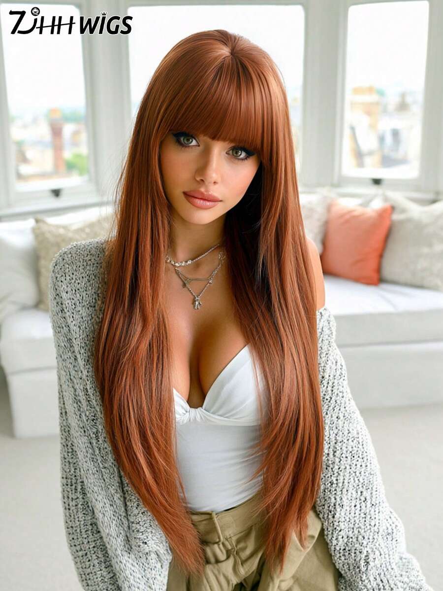 7JHH WIGS 34 Inch Extra Long Straight Maple Leaf Orange Wig With Bangs - Super Long Natural Layered Wigs, High Quality Soft Synthetic Fiber Wigs For Women Daily Wear, Festival Ready Party Use, Graduation Gift - Beginners Glueless Wig Accessories - trái cam - Xem 1