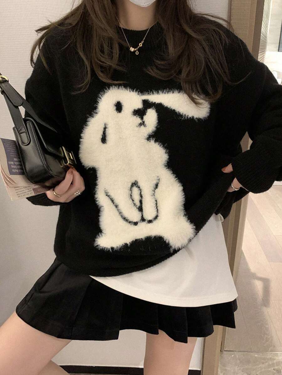 女士宽松蓬松3D兔毛毛衣，秋冬 - 黑色 - 查看 1