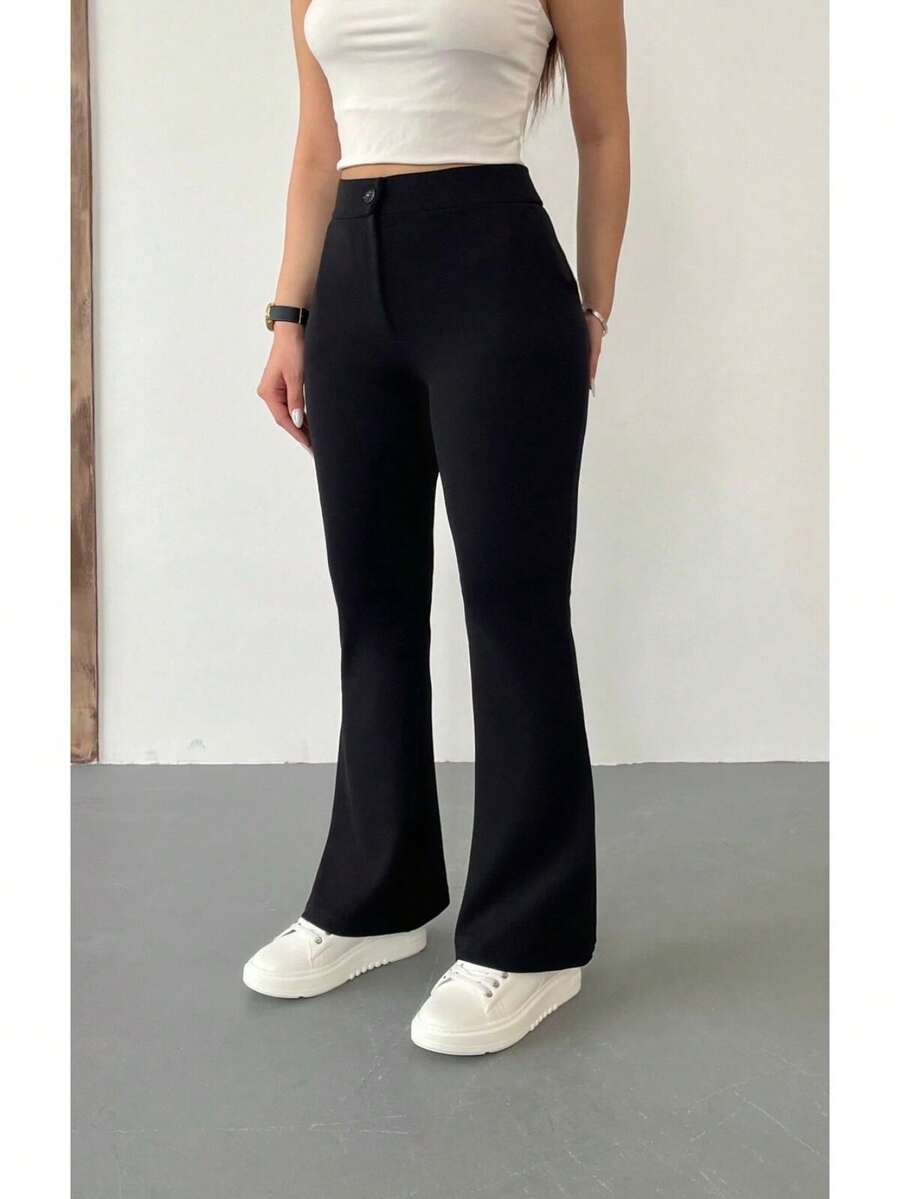 女款高腰萊卡彈性喇叭褲 - 黑色 - 查看 1