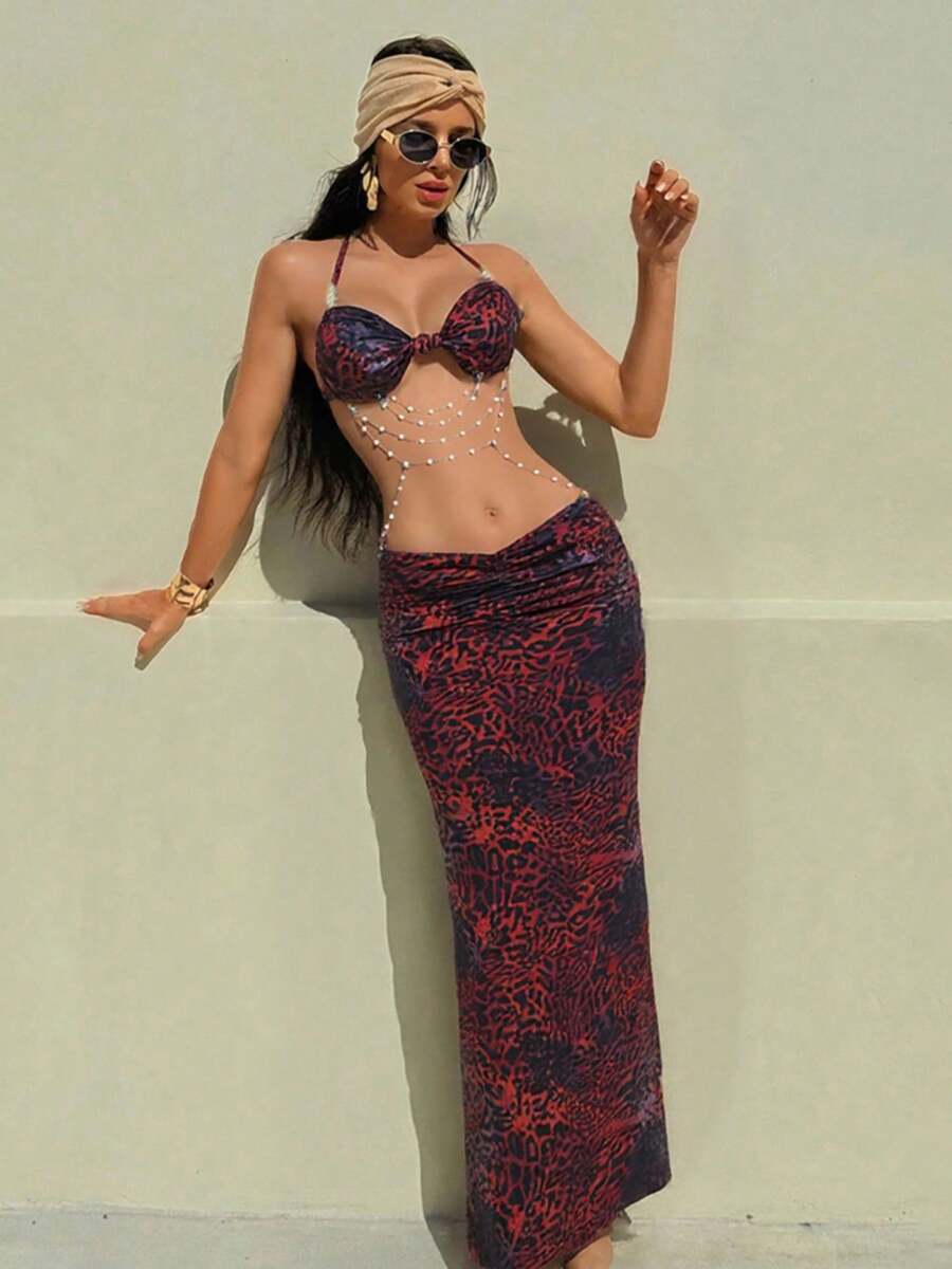 Women's Two Piece Maxi Skirt Sets Summer Beach Sexy Ruched Backless Pearls Chain Decor Crop Top And Cut Out Skirt - 紅色 - 查看 1