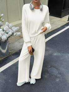 Fisoew Women Batwing Sweatshirt Wide Leg Pants Set Casual Fall Loungewear Two Piece Outfit Cozy Sweatsuit - 白色 - 查看 3