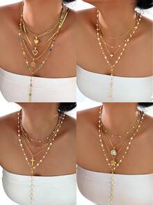 4/1 Set Elegant Vintage Minimalist Style Women Pearl Heart Flower Cross Pendant Y-Necklace Set, Suitable For Women's Daily, Party, Date, Wedding, Vacation, Multi-Layer Wear, Delicate Necklace, 2025 New Collection