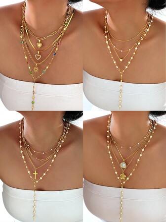 4/1 Set Elegant Vintage Minimalist Style Women Pearl Heart Flower Cross Pendant Y-Necklace Set, Suitable For Women's Daily, Party, Date, Wedding, Vacation, Multi-Layer Wear, Delicate Necklace, 2025 New Collection