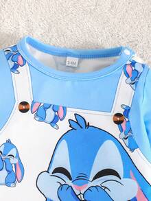 婴儿卡通兔子印花长袖连体衣，休闲连体衣 - 藍色 - 查看 3