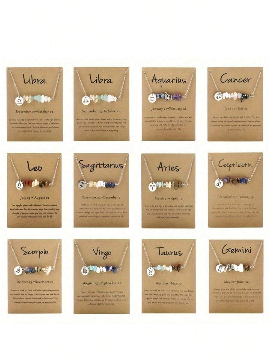 Aries,Taurus,Gemini,Cancer,Leo,Virgo,Libra,Scorpio,Sagittarius,Capricorn,Aquarius,Pisces,Constellation Crystal Necklace Suitable For Halloween, Christmas, Thanksgiving, New Year Gift - 十二星座 - 查看 1