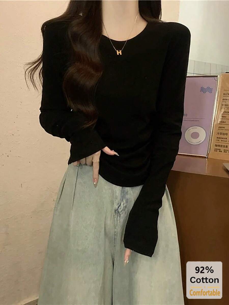 女士长袖T恤，黑色，百搭显瘦，秋冬休闲打底衫 - 黑色 - 查看 1
