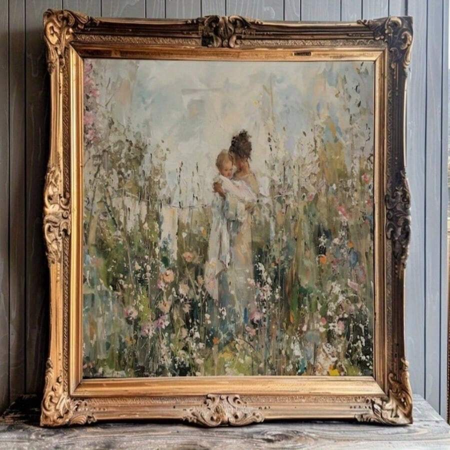 [复古母爱艺术] 温馨复古母爱帆布墙画，木质框架，印象派母亲与野花园绘画，非常适合洗衣房或母亲节礼物、育儿室装饰 - 彩色 - 查看 1