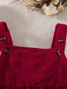 2pcs/Set Girls Casual Outfits - Heart Print Long Sleeve Top And Adjustable Strap Skirt With Headband, Spring/Autumn - Red - View 7
