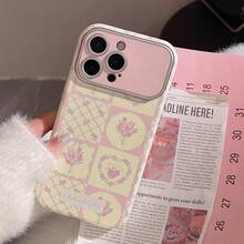 Leather Fashion Patchwork Elements Phone Case GUCADI 1pc Raspberry Plaid & Floral Pattern Patchwork Phone Case Compatible With IPhone 15, 16 Pro Max, 11, 14, 12 Fresh And Clean, Full Coverage, Leather Texture Spring Gift Anniversary Birthday Flower - Multicolor - View 3